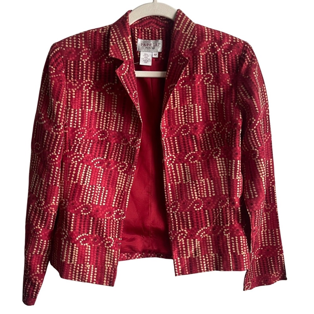 Papell Petites Red Silk Geometric Dot Print Blazer Jacket Size 4P Vintage Style